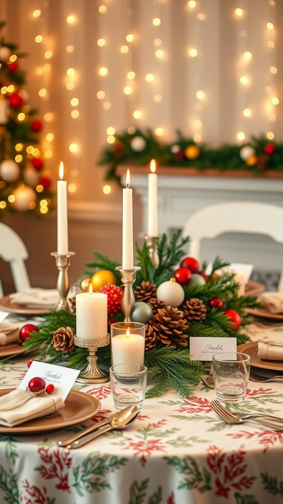 Creative Christmas Table Decorations A creatively decorated Christmas table with pinecones, candles, and colorful ornaments, set for a festive meal.